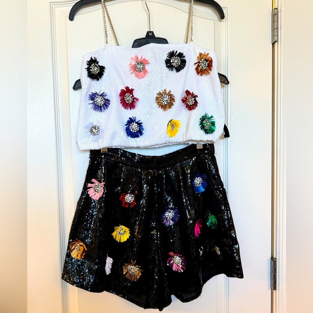 Queen of Sparkles crop top (size S) & shorts (size M) flowers with rhinestones.